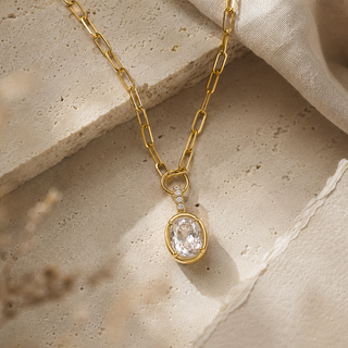 Oval Bezel Set CZ Pendant Necklace 16k Gold