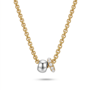 Gold Chunky Link Necklace with Pearl Charm & Silver Bead Pendant