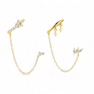 Horse Eye & Floral Chain Drop Cuff Stud Earrings