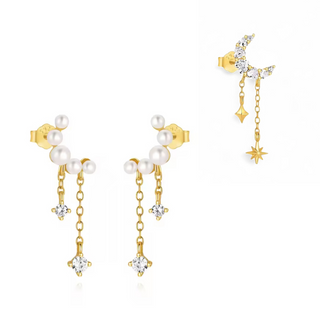 LUME Crescent Pearl gem Chain drop earrings