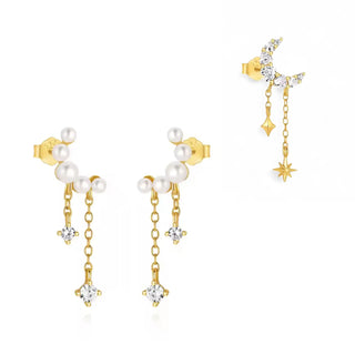 LUME Crescent Pearl gem Chain drop earrings