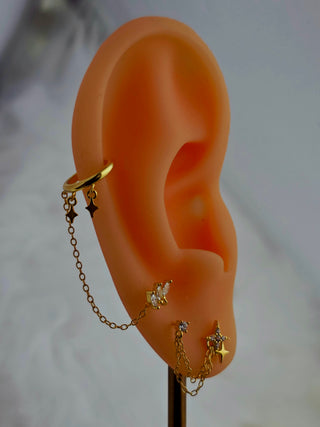 Horse Eye & Floral Chain Drop Cuff Stud Earrings