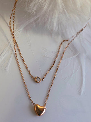 Heart & CZ Stud Rose Gold Double layered Necklace