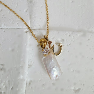 Baroque Rectangular Pearl CZ Pendant Necklace