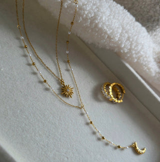 Double Layer Moon And Sun Pearl Lariat Necklace 18K Gold