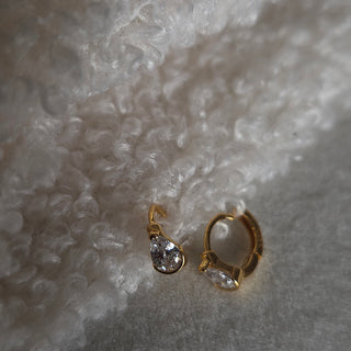 18K Gold Pear cut Half Bezel CZ Huggie Earrings