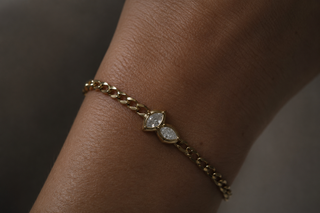 Bezel Set Marquise CZ Charm 18K Gold Curb Chain Bracelet