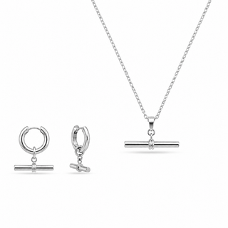 T-Bar Hoop Earrings & Necklace Jewellery Set in Sterling Silver