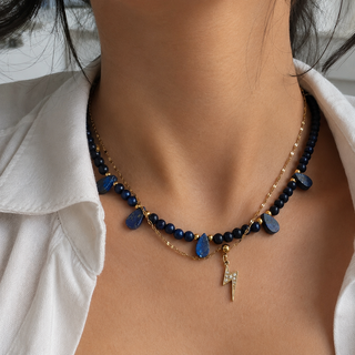 Blue Lapis Lazuli Bead Necklace 16k Gold