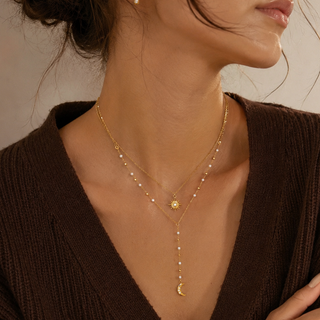 Double Layer Moon And Sun Pearl Lariat Necklace 18K Gold