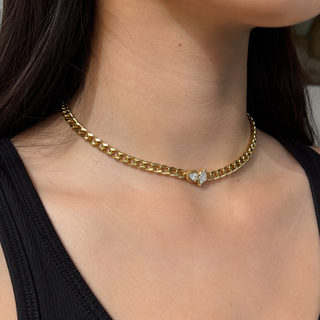 Bezel Set Marquise CZ Pendant Necklace – Gold Curb Chain Necklace