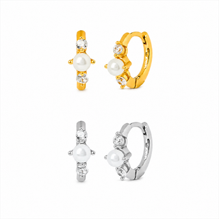 Sterling Silver Pearl & CZ detail Hoop Earrings in 18K Gold