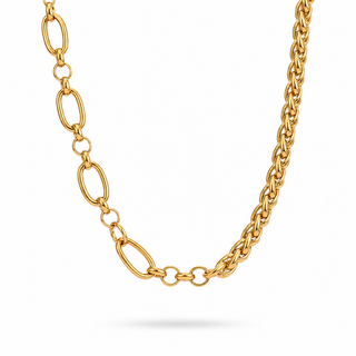 This half-and-half chain is that effortless contrast piece — bold yet refined. One side features elongated paperclip links, the other a tighter woven curb chain, creating a balanced, layered look in a single necklace. Designed to catch light from every angle, it’s your everyday statement that works from morning coffee to evening plans