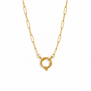 Gold chain necklace with a unique clasp design charm holder on a white background