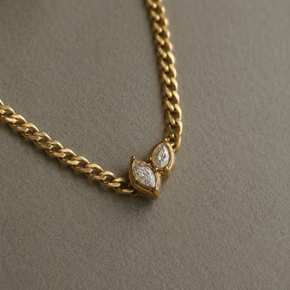 Bezel Set Marquise CZ Pendant Necklace – Gold Curb Chain Necklace