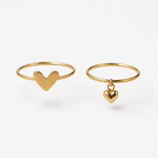 Set of 2 Flat Heart & Charm Drop Gold Rings