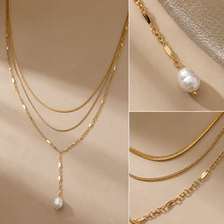 Pearl Drop Lariat 3 Layer Chain Necklace