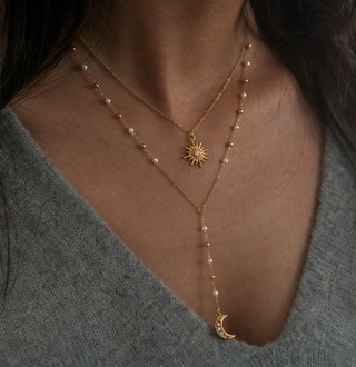 Double Layer Moon And Sun Pearl Lariat Necklace 18K Gold