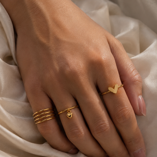 Set of 2 Flat Heart & Charm Drop Gold Rings