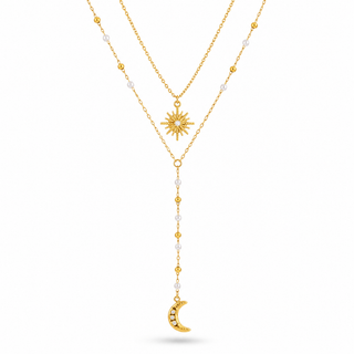 Double Layer Moon And Sun Pearl Lariat Necklace 18K Gold