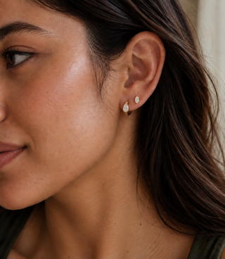 18K Gold Pear cut Half Bezel CZ Huggie Earrings