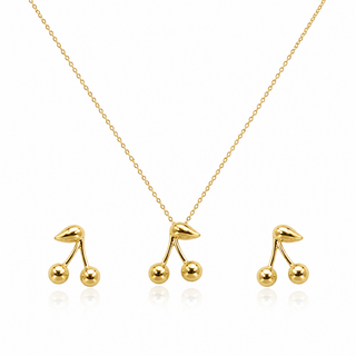Cherry Charm 18K Gold Necklace & Earrings Gift Set