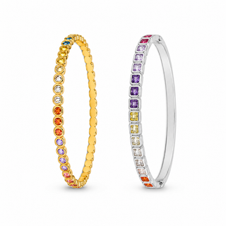 Coloured cubic zirconia bezel hinged bangle in sterling silver and gold