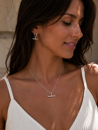 T-Bar Hoop Earrings & Necklace Jewellery Set in Sterling Silver
