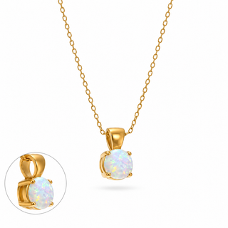Round White Opal Solitaire 18k Gold Necklace Raised Bezel