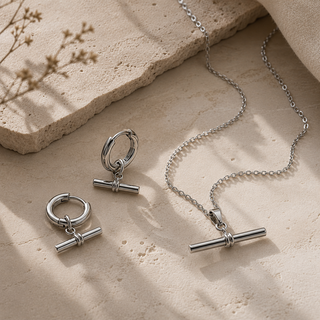 T-Bar Hoop Earrings & Necklace Jewellery Set in Sterling Silver