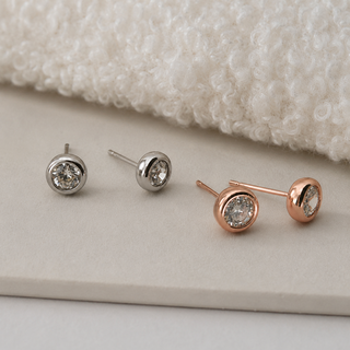 Round Bezel Rose Gold CZ Stud Earrings in Sterling Silver