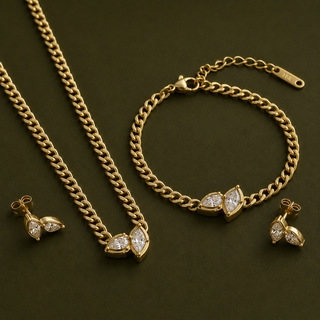 Bezel Set Marquise CZ Charm 18K Gold Curb Chain Bracelet