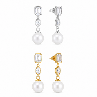 Emerald Cut Bezel Drop Pearl & Moissanite Earrings