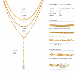 Pearl Drop Lariat 3 Layer Chain Necklace