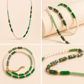 Green Aventurine & Pearl Bead Necklace in 16k Gold