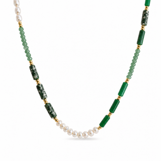 Green Aventurine & Pearl Bead Necklace in 16k Gold