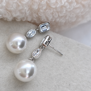 Emerald Cut Bezel Drop Pearl & Moissanite Earrings