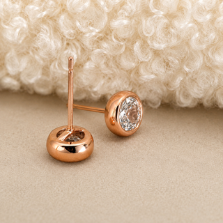 Round Bezel Rose Gold CZ Stud Earrings in Sterling Silver