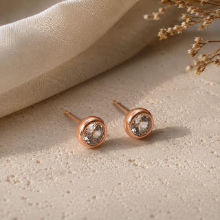 Round Bezel Rose Gold CZ Stud Earrings in Sterling Silver