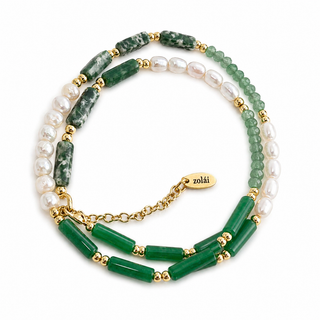 Green Aventurine & Pearl Bead Necklace in 16k Gold