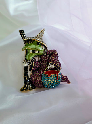 Green Witch broom bucket Halloween Enamel Brooch