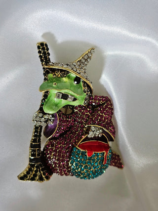 Green Witch broom bucket Halloween Enamel Brooch