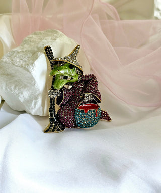Green Witch broom bucket Halloween Enamel Brooch