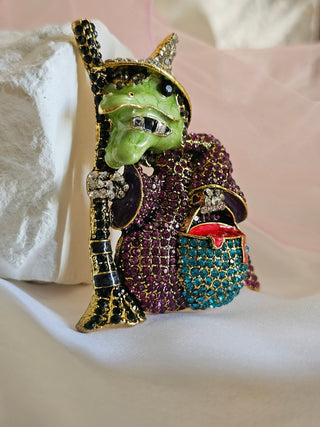 Green Witch broom bucket Halloween Enamel Brooch