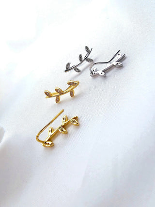 18K Gold Sterling silver Climbers threader earrings,curve vine leaf climber earrings,silver gold threaders,zirconia dainty stacking earring
