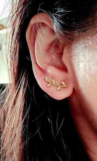 18K Gold Sterling silver Climbers threader earrings,curve vine leaf climber earrings,silver gold threaders,zirconia dainty stacking earring