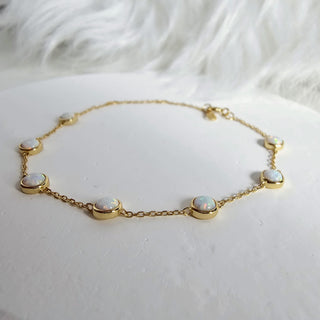 White Opal 16K Gold plated Sterling Silver bracelet,Opal adjustable chain,stacking gold bracelets,October Birthdays,Opal gemstone