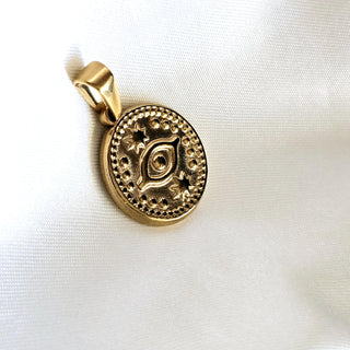 Vintage style Evil eye patterned Disk coin charm  pendant in 18k gold plated on titanium steel.