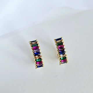 Baguette zirconia 16k coloured gem hoop earrings,Geometric rainbow hoops,gift for her,ear stacking hoops.
