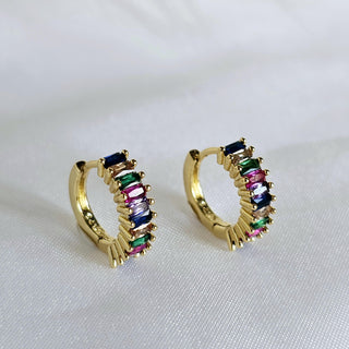 Baguette zirconia 16k coloured gem hoop earrings,Geometric rainbow hoops,gift for her,ear stacking hoops.